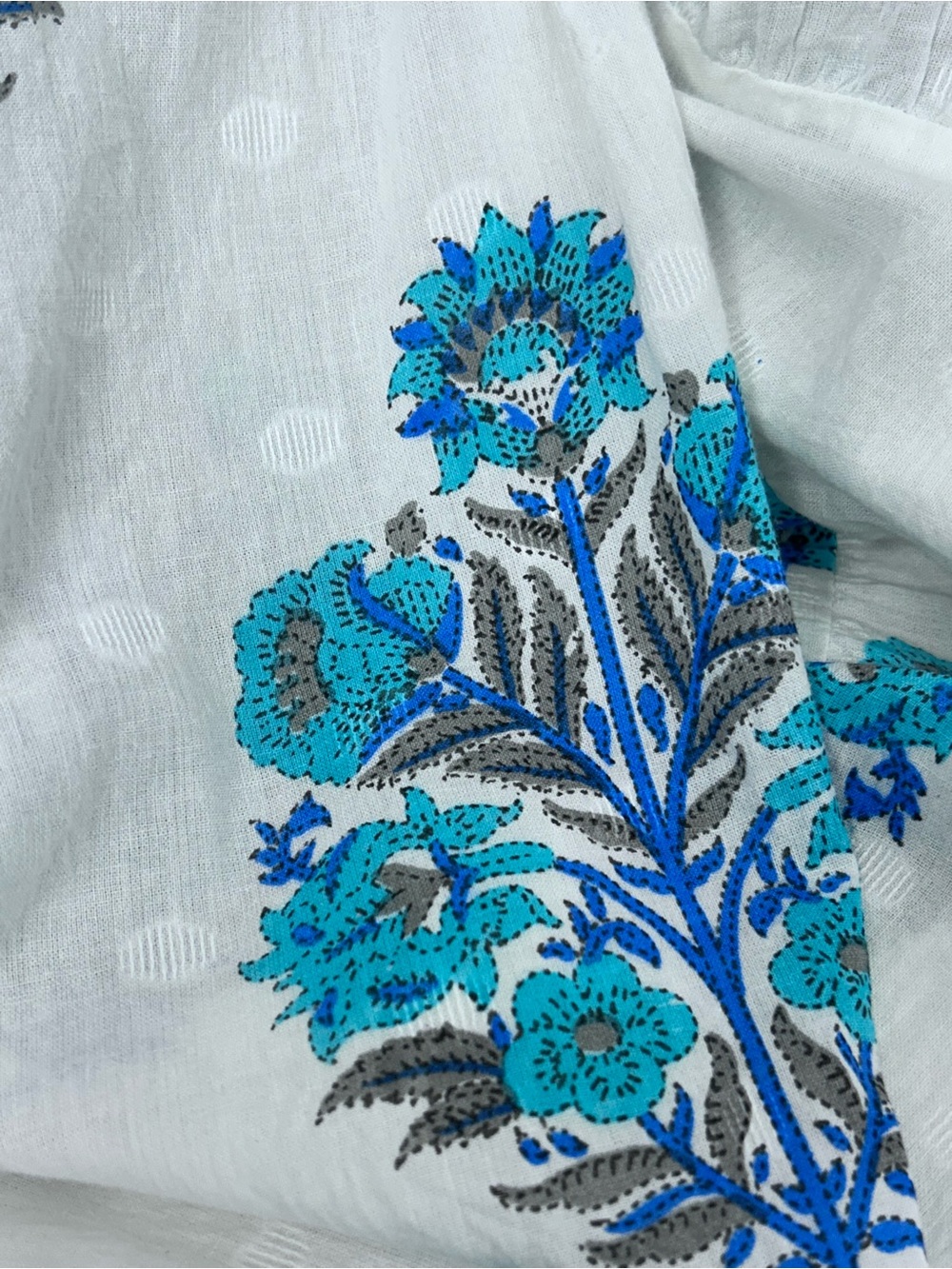 White Maxi Dress with Blue Floral Print -Debbie Katz medium - Picture 7 of 11